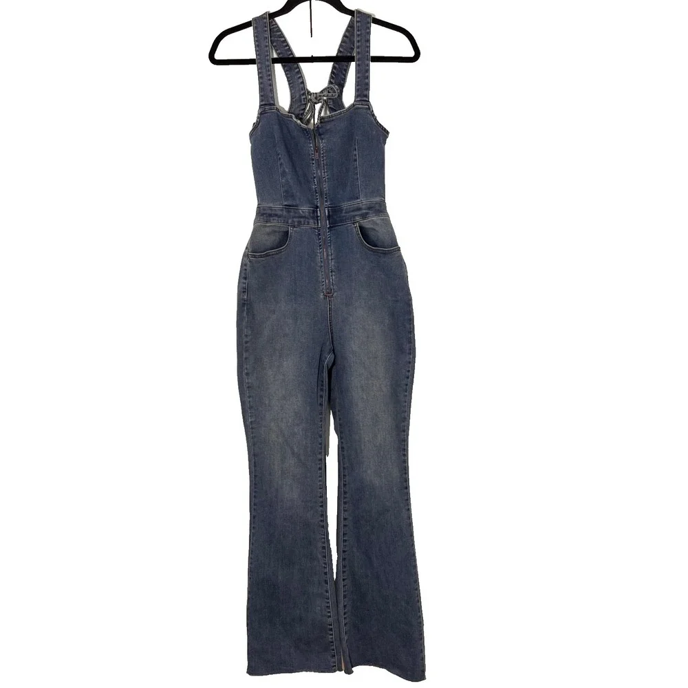 We The Free People Denim Jumpsuit Size 4 Flare Raw Hem Western Boho Hippie